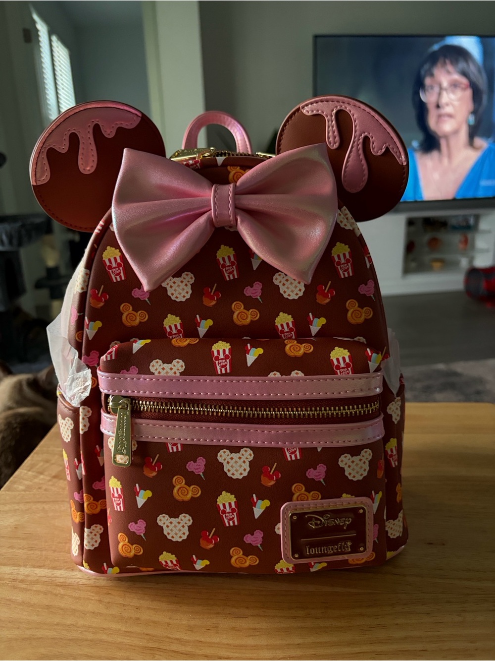 Loungefly Brown & Pink Minnie Ear Mini Backpack with Snack Pattern